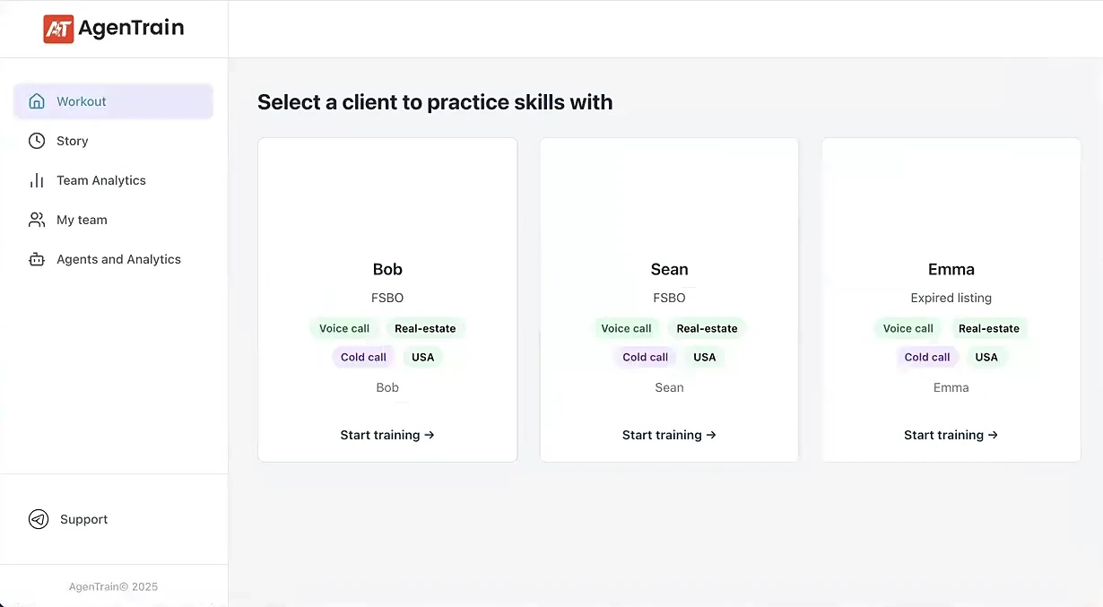 Экран выбора ИИ-клиента: карточки Bob, Sean и Emma с фото, ролью и кнопкой Start training
